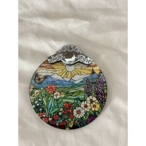 Stained Glass Style Christmas Ornament Round Landscape Butterfly Flowers Scenic